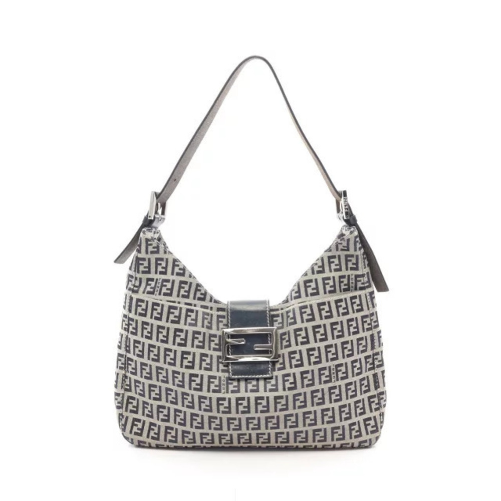 Fendi Zucchino Shoulder Bag Canvas Leather Navy Blue Gray